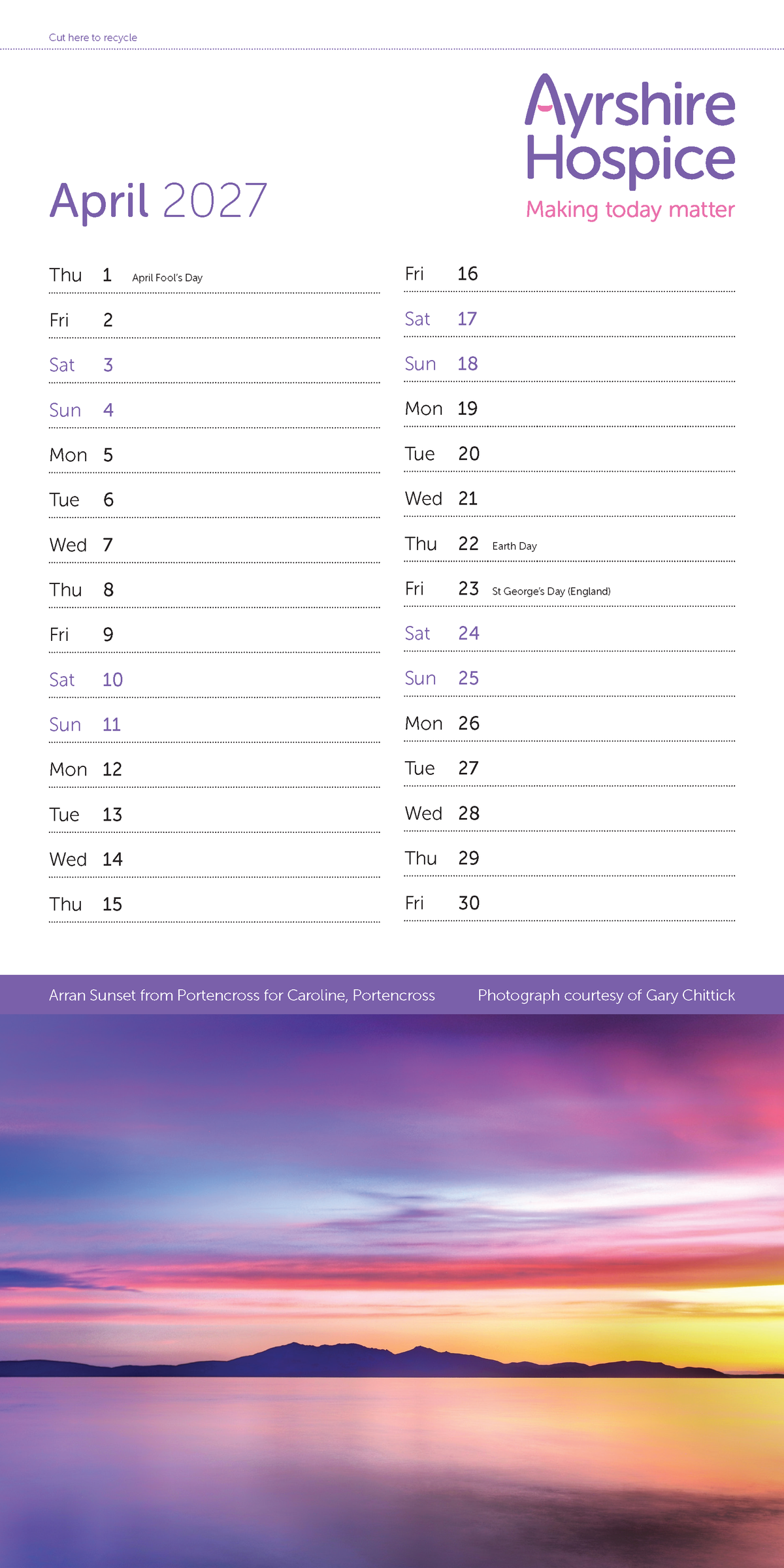 Ayrshire Hospice Calendar 2027 (Slim Wall Calendar)