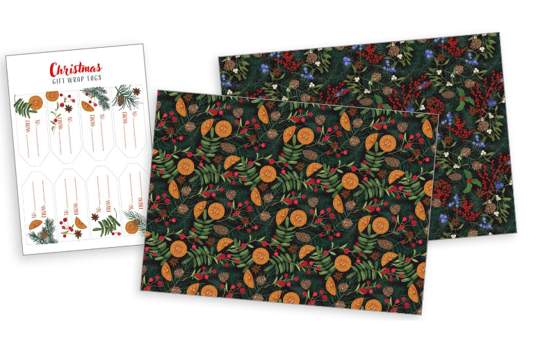 Botanical Christmas Wrapping Paper & Gift Tags
